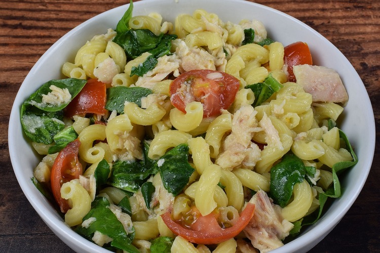 Seafood Recipe - Tuna Macaroni Salad, with Cherry Tomatoes and Spinach